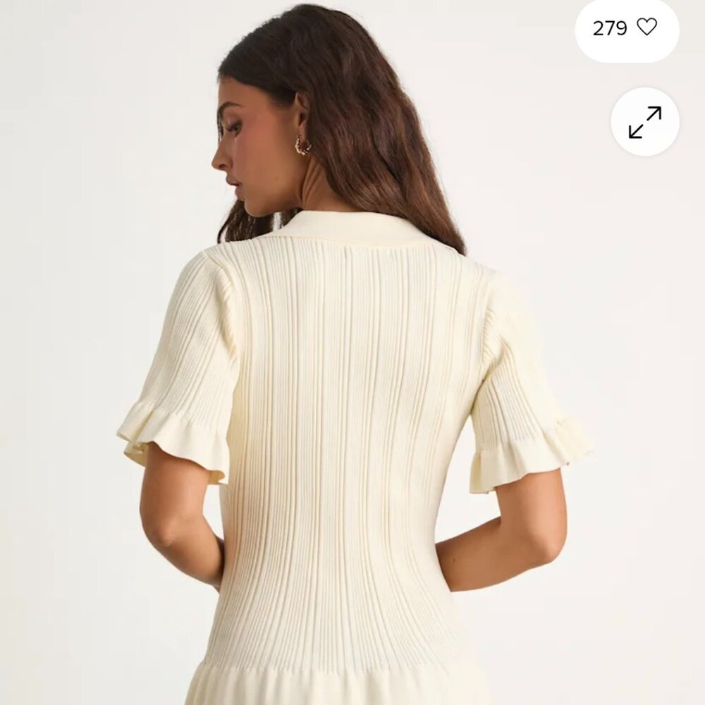 Lulus Yavina Cream Collared Skater Sweater Mini Dress White - Size S - Picture 4 of 6